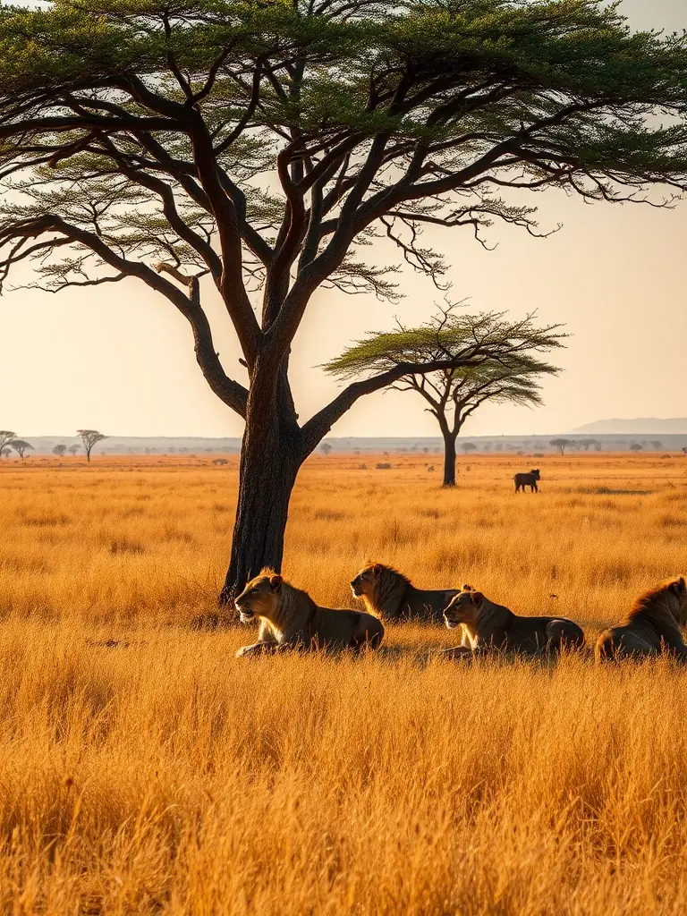 A captivating photo of the Masai Mara, featuring a pride of lions resting in the shade, with the vast savanna stretching into the horizon, emphasizing the abundance of wildlife.