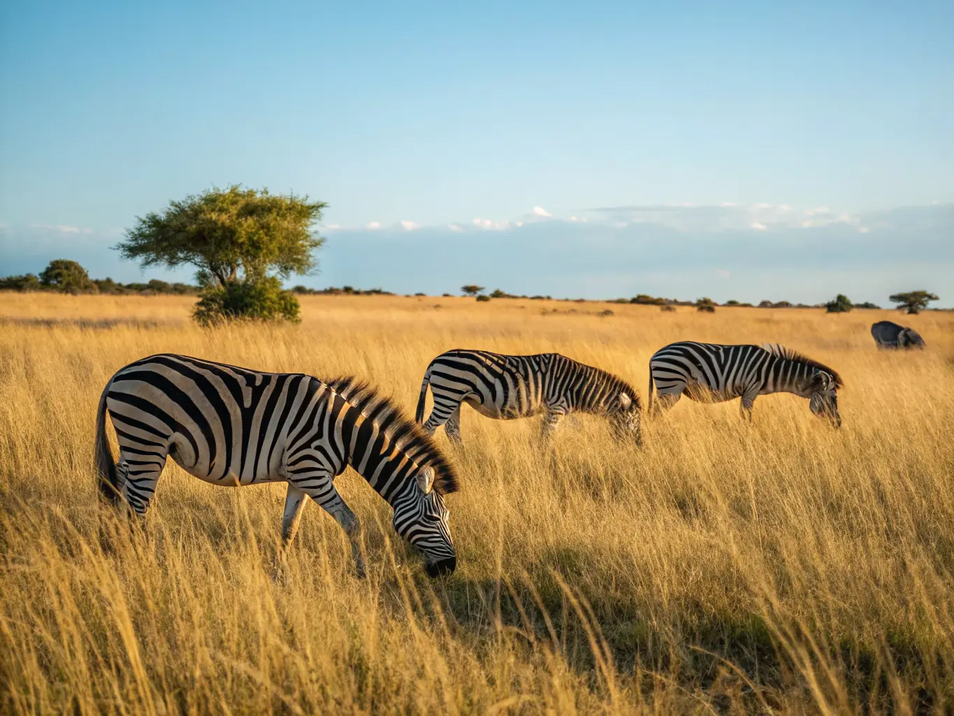 A vibrant image of the Maasai Mara in Kenya, featuring zebras grazing on the open plains with a stunning sunset in the background.