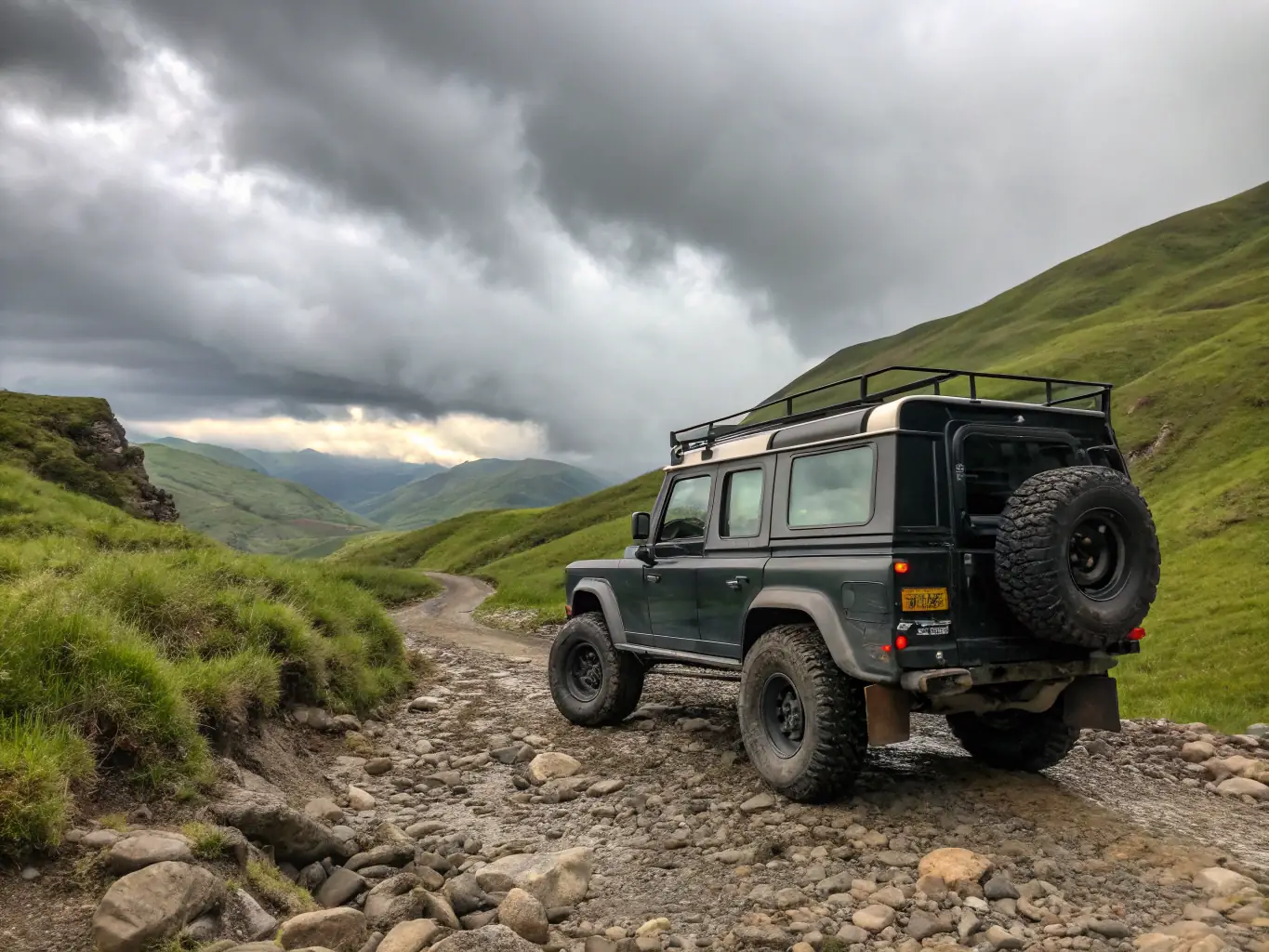 A sturdy 4x4 vehicle driving through a rugged terrain in a national park, showcasing its suitability for safari adventures.