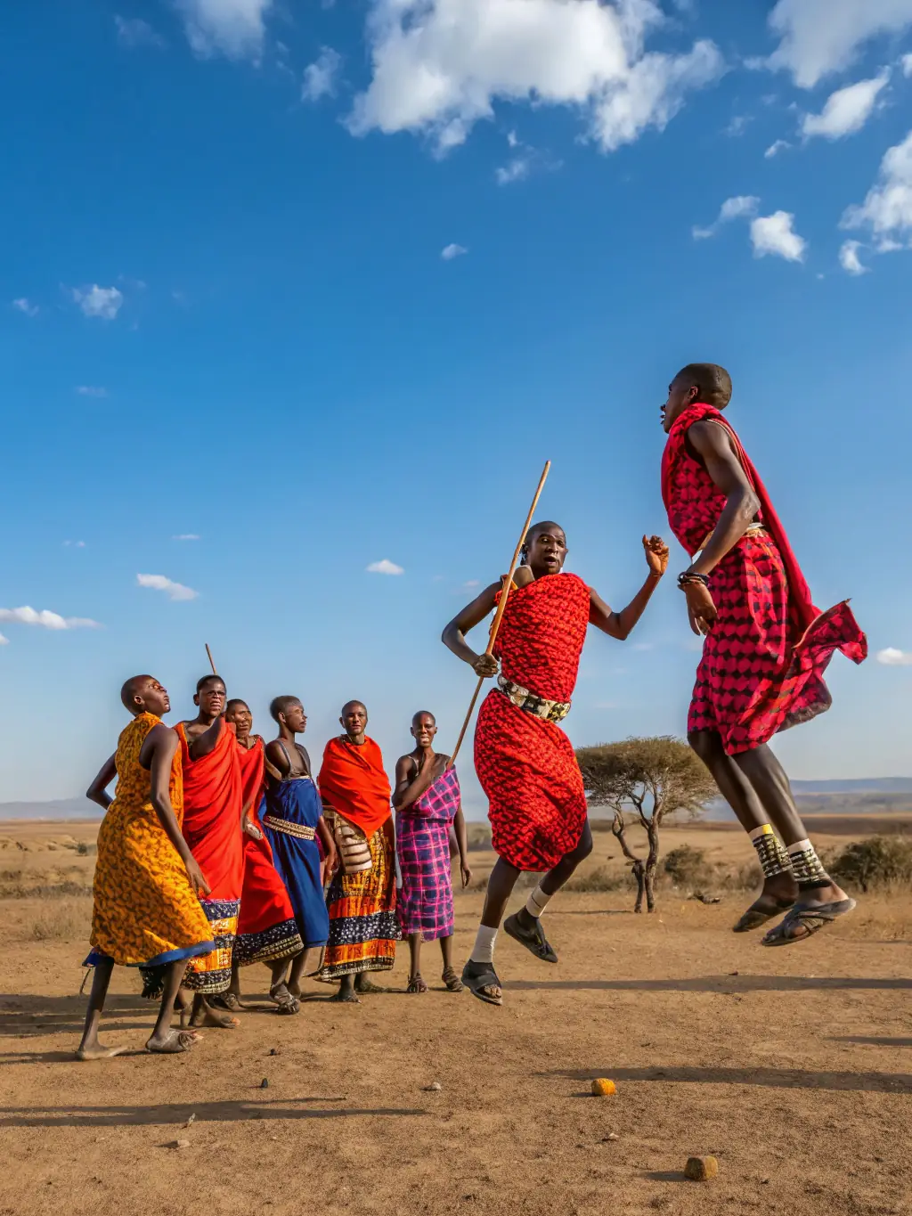 A vibrant photo capturing a group of tourists participating in a traditional Maasai dance in Kenya, showcasing their colorful attire and rhythmic movements.