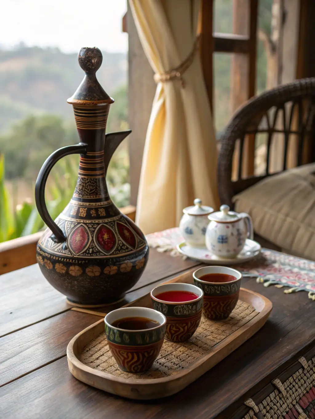 A stunning photograph of tourists attending a traditional Ethiopian coffee ceremony, showcasing the intricate rituals and social significance of the event.