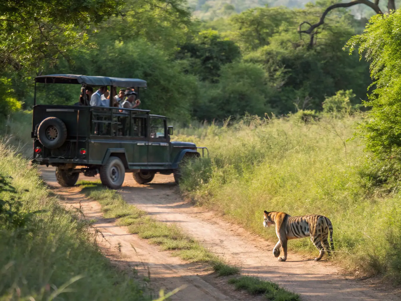 An image of a safari vehicle driving through the Masai Mara, with zebras and giraffes grazing in the background during the golden hour.