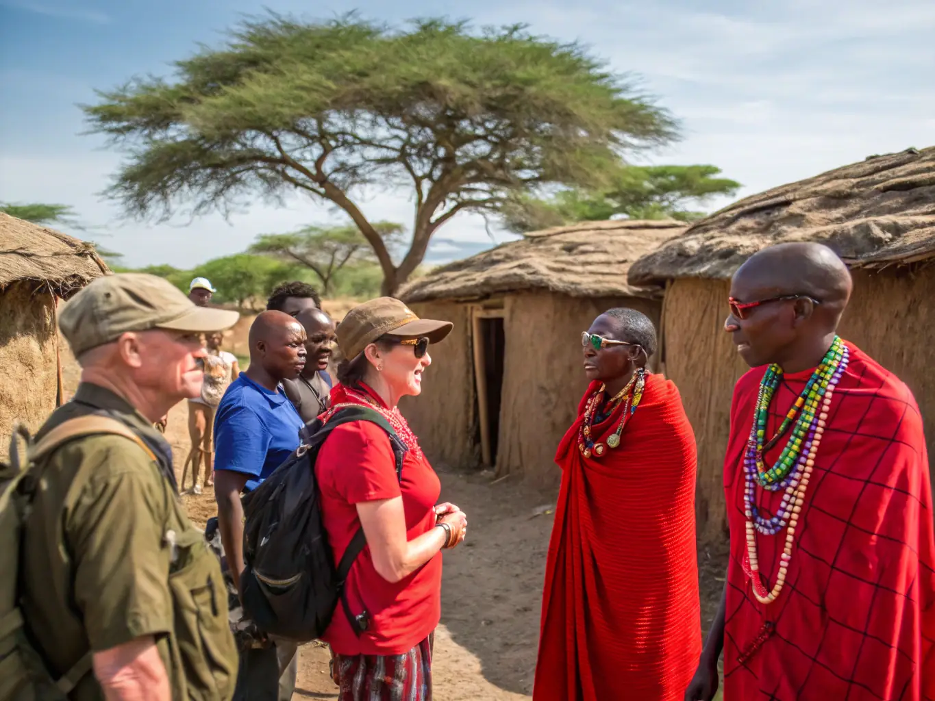 A photograph of a group of tourists interacting with local Maasai people in their village, showcasing cultural exchange and traditional practices.