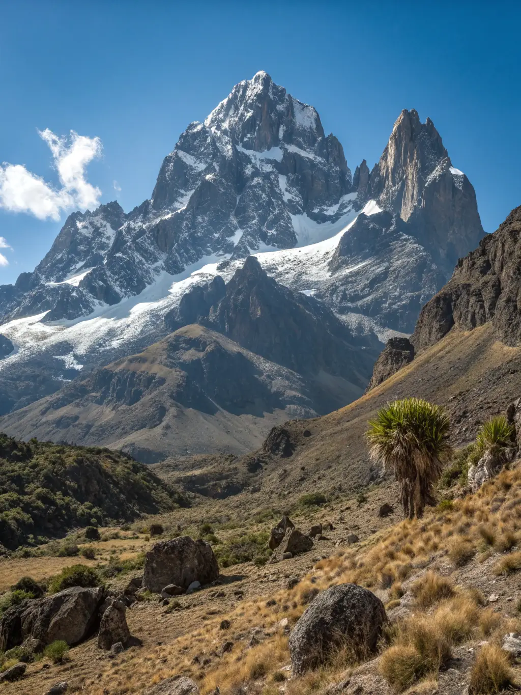 A stunning image of Mount Kilimanjaro's snow-capped peak at sunrise, with lush green landscapes in the foreground, representing the challenge and beauty of climbing the highest peak in Africa.