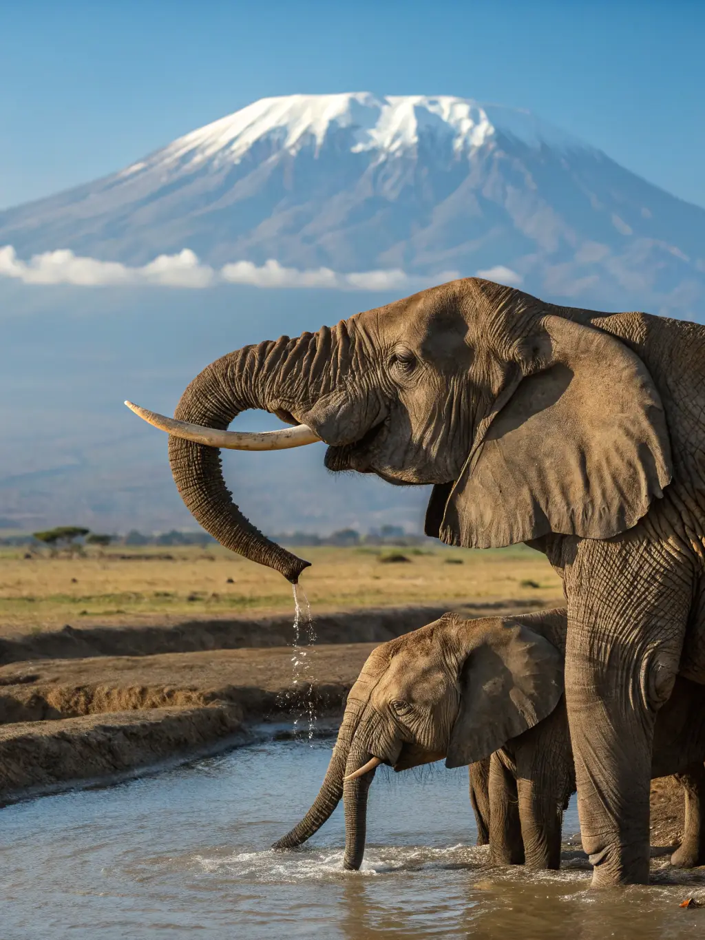A stunning photograph of a family of elephants drinking at a waterhole in Amboseli National Park, Kenya, with Mount Kilimanjaro towering in the distance.