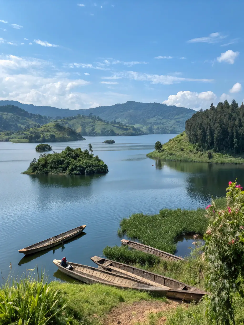 A picturesque image of Lake Bunyonyi in Uganda, showcasing its serene waters dotted with small islands and surrounded by lush green hills, highlighting the tranquility and natural beauty.