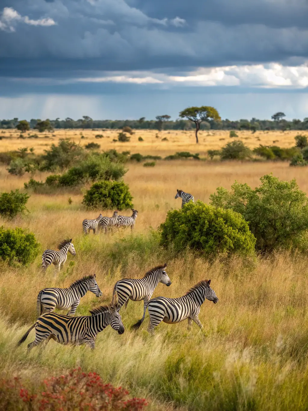 A vibrant photograph capturing the vast plains of the Serengeti, showcasing a herd of zebras grazing under the acacia trees during the Great Migration, to highlight the iconic wildlife experience.