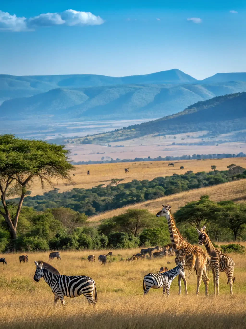 A panoramic view of the Masai Mara National Reserve in Kenya, showcasing its vast open grasslands, diverse wildlife, and the iconic hot air balloon safaris offered by Upland Tours and Travel Ltd.