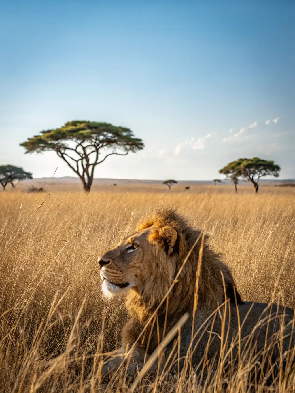 A vibrant image of a pride of lions lounging in the Serengeti, Tanzania, with golden sunlight illuminating the savanna in the background. This image represents the classic safari experience.