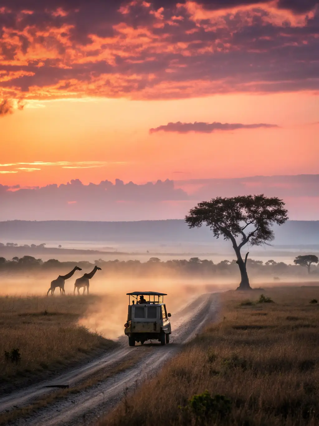A vibrant image of a safari vehicle driving through the Serengeti plains at sunset, with silhouettes of acacia trees and grazing zebras in the background, capturing the essence of a classic Tanzanian safari experience.