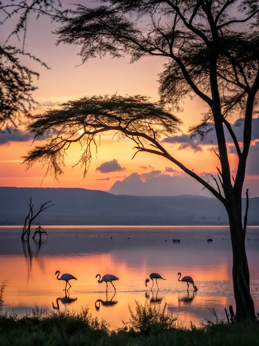 A stunning image of flamingos wading in the shallow waters of Lake Nakuru in Kenya, emphasizing the vibrant birdlife and scenic beauty of the region, a key destination for birdwatching tours.
